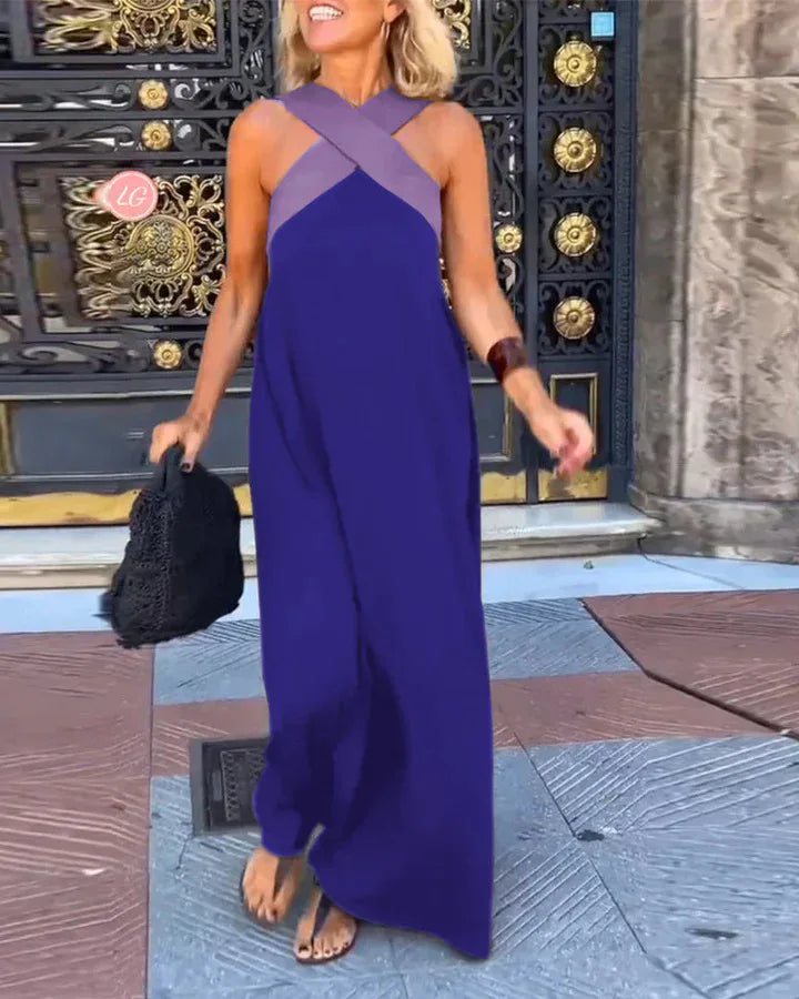 Verão casual solto vestidos de praia moda fora do ombro multi-cor vestido de férias 2026 novas mulheres halter cor bloqueada vestido longo