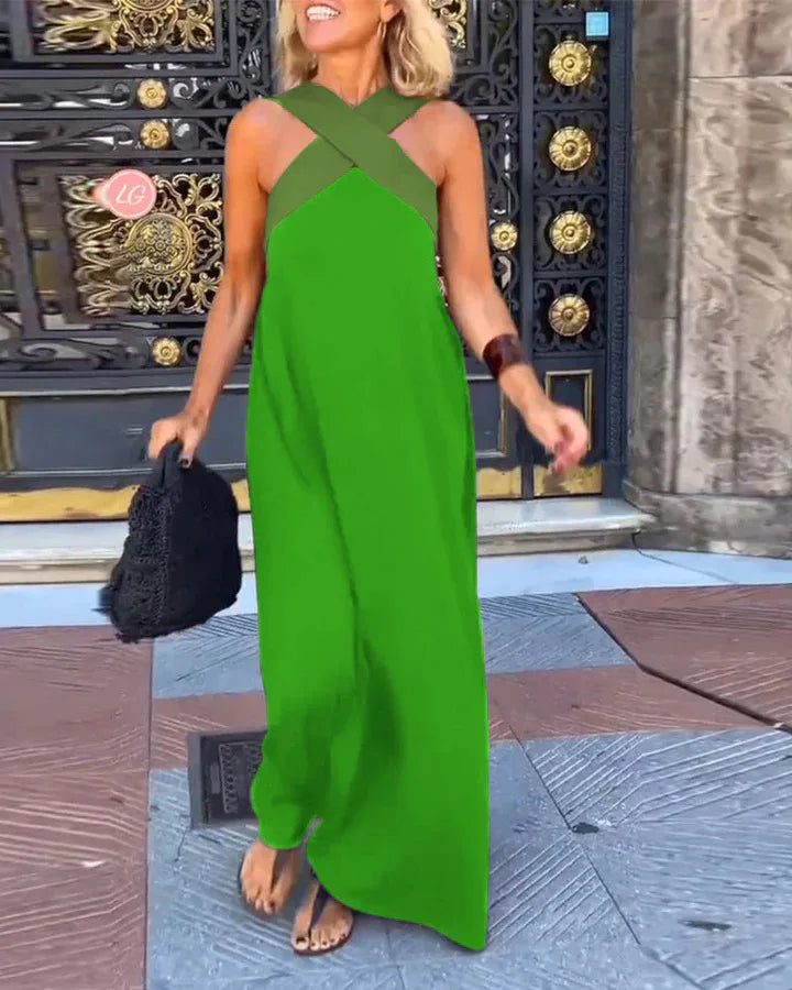 Verão casual solto vestidos de praia moda fora do ombro multi-cor vestido de férias 2025 novas mulheres halter cor bloqueada vestido longo