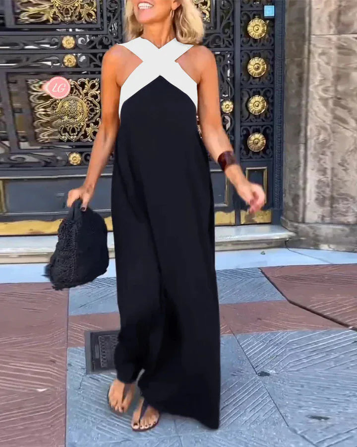 Verão casual solto vestidos de praia moda fora do ombro multi-cor vestido de férias 2025 novas mulheres halter cor bloqueada vestido longo