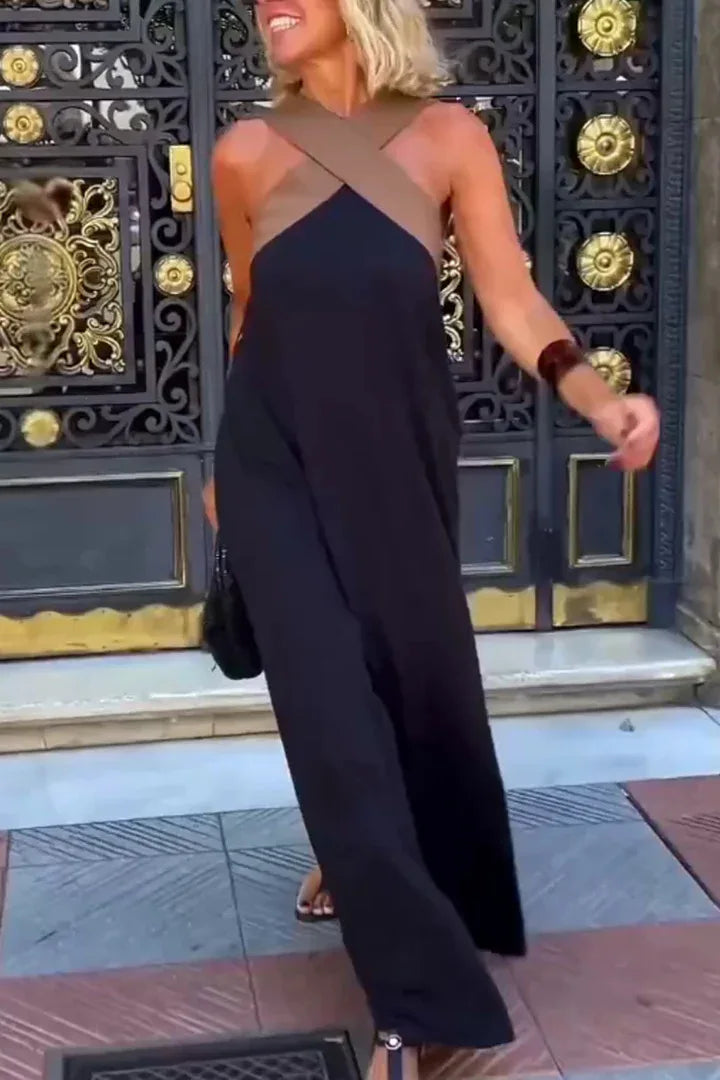 Verão casual solto vestidos de praia moda fora do ombro multi-cor vestido de férias 2026 novas mulheres halter cor bloqueada vestido longo