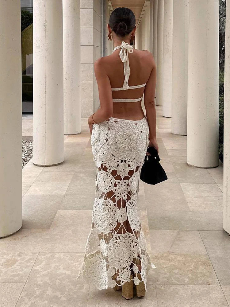 Vestido Longo Malha Tricot com Detalhes em Crochê - Samyrah