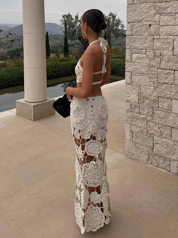 Vestido Longo Malha Tricot com Detalhes em Crochê - Samyrah