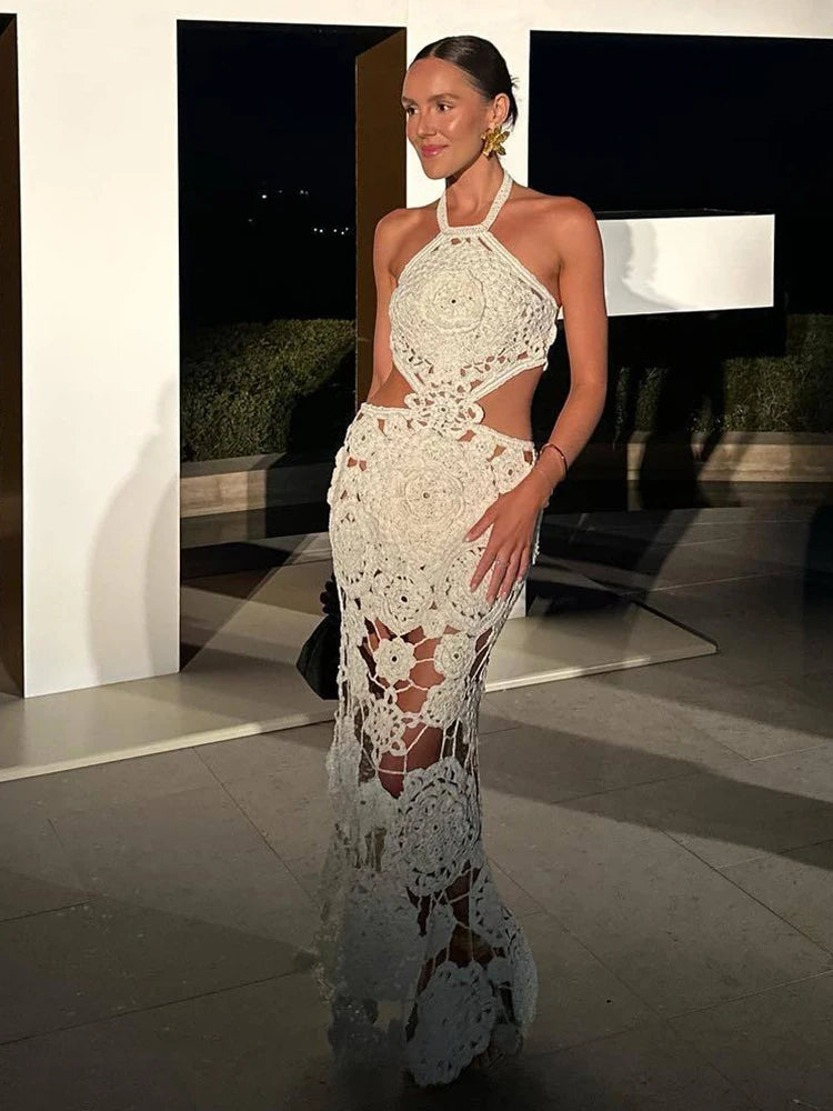 Vestido Longo Malha Tricot com Detalhes em Crochê - Samyrah