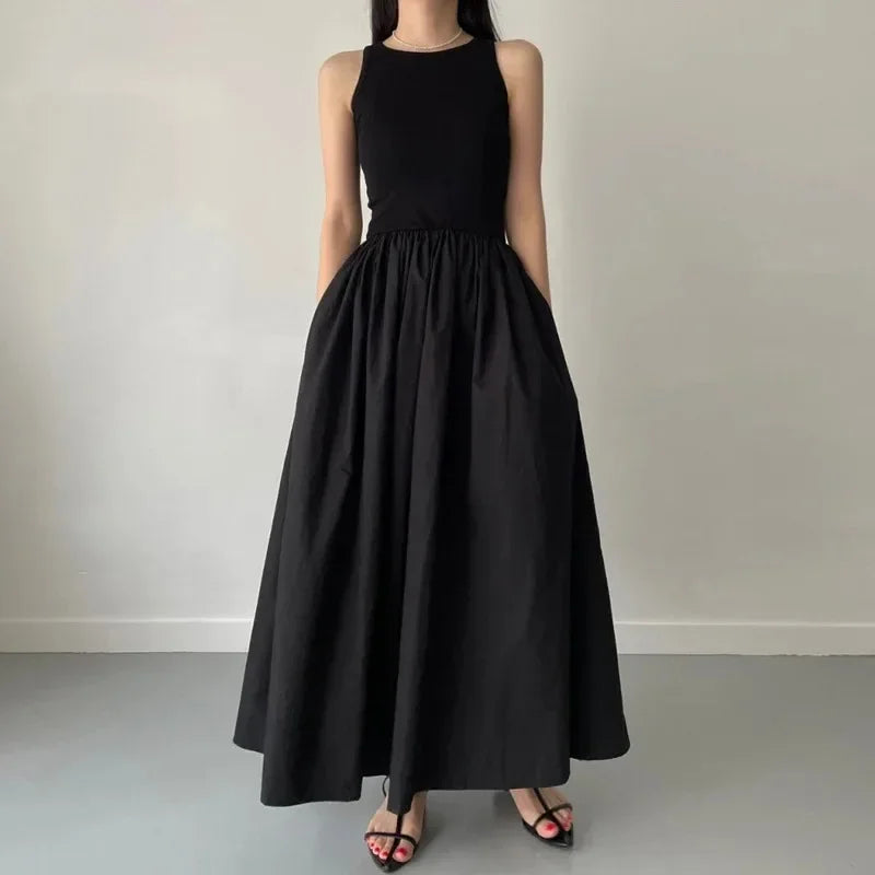 Novo verão simples elegante preto vestidos longos para mulheres em torno do pescoço sem mangas cintura alta temperamento feminino moda estilo vestido