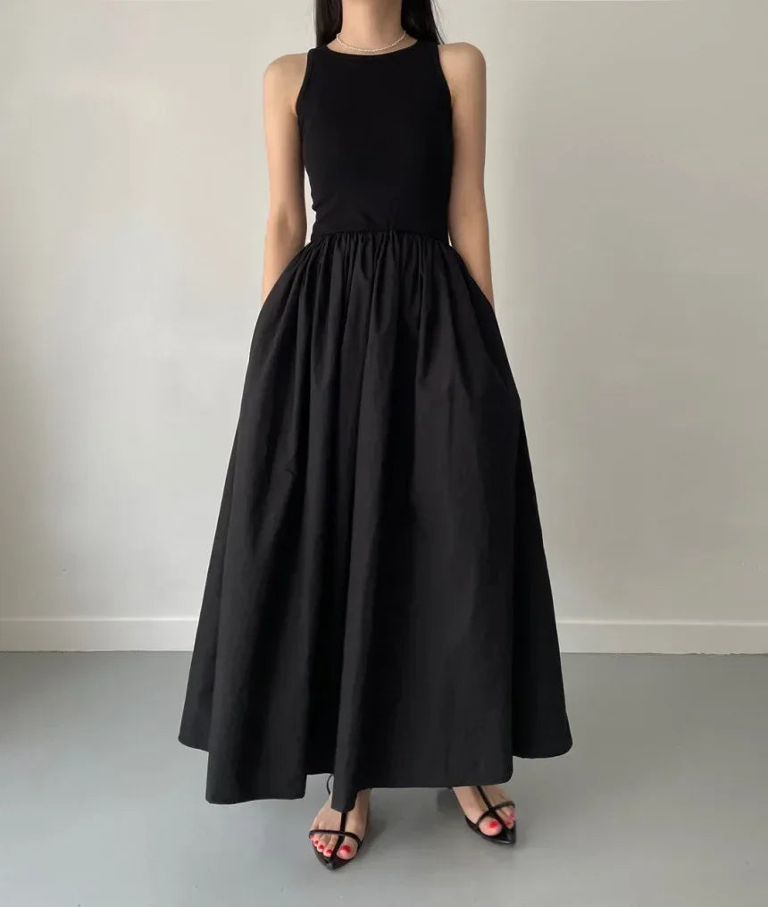 Novo verão simples elegante preto vestidos longos para mulheres em torno do pescoço sem mangas cintura alta temperamento feminino moda estilo vestido