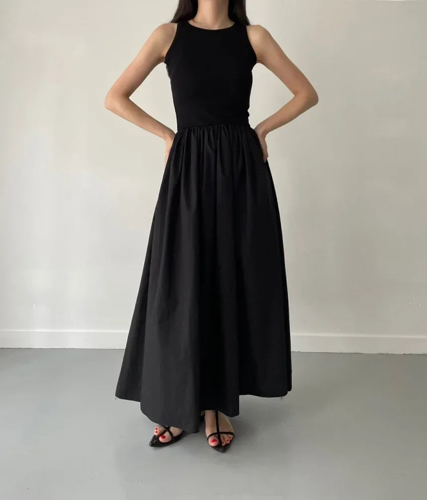 Novo verão simples elegante preto vestidos longos para mulheres em torno do pescoço sem mangas cintura alta temperamento feminino moda estilo vestido