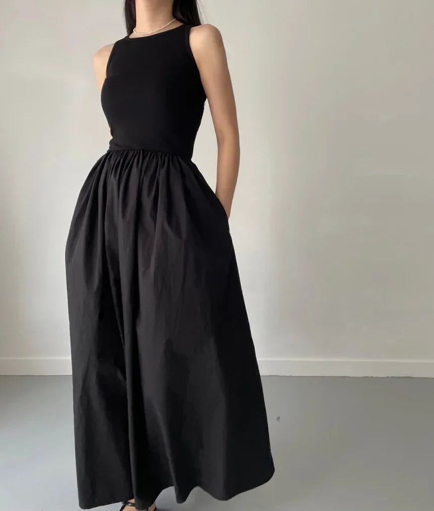 Novo verão simples elegante preto vestidos longos para mulheres em torno do pescoço sem mangas cintura alta temperamento feminino moda estilo vestido