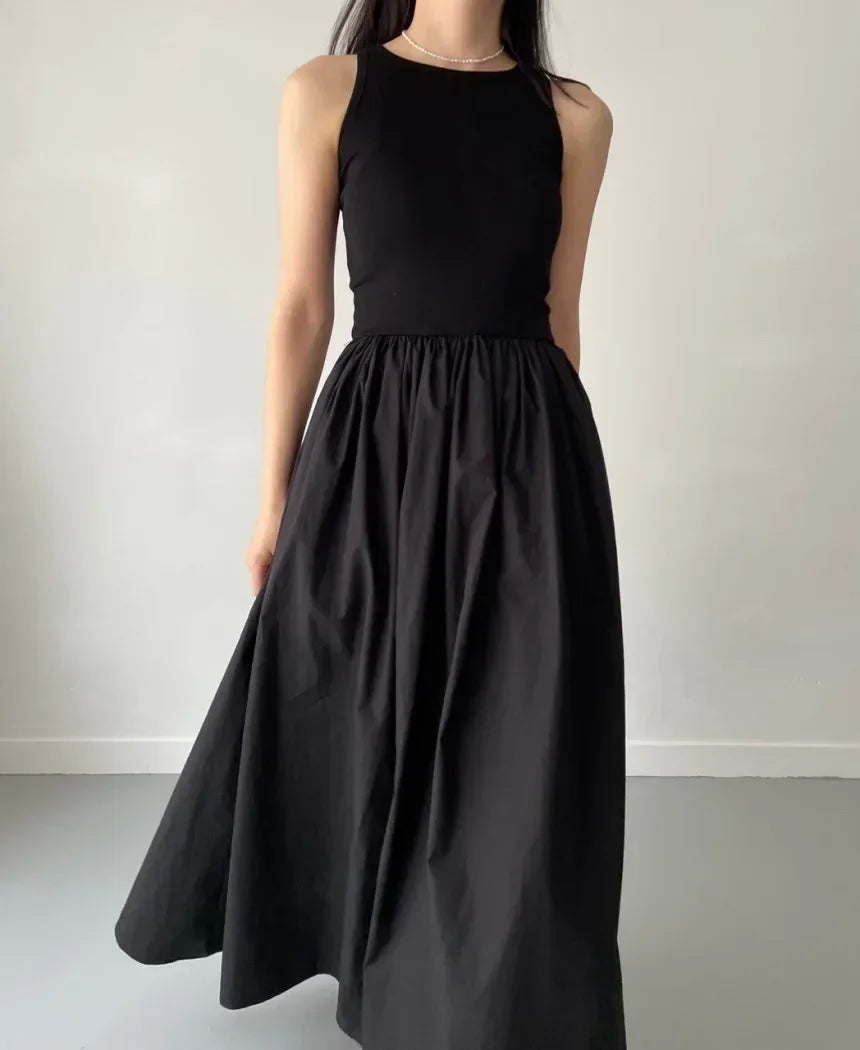 Novo verão simples elegante preto vestidos longos para mulheres em torno do pescoço sem mangas cintura alta temperamento feminino moda estilo vestido