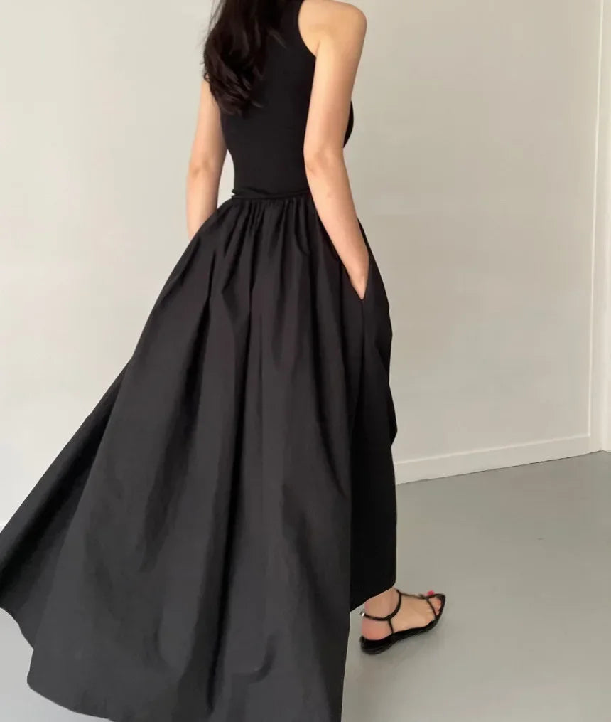 Novo verão simples elegante preto vestidos longos para mulheres em torno do pescoço sem mangas cintura alta temperamento feminino moda estilo vestido