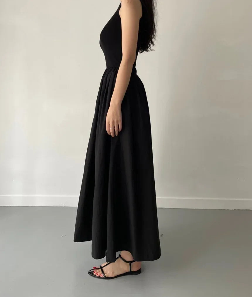 Novo verão simples elegante preto vestidos longos para mulheres em torno do pescoço sem mangas cintura alta temperamento feminino moda estilo vestido