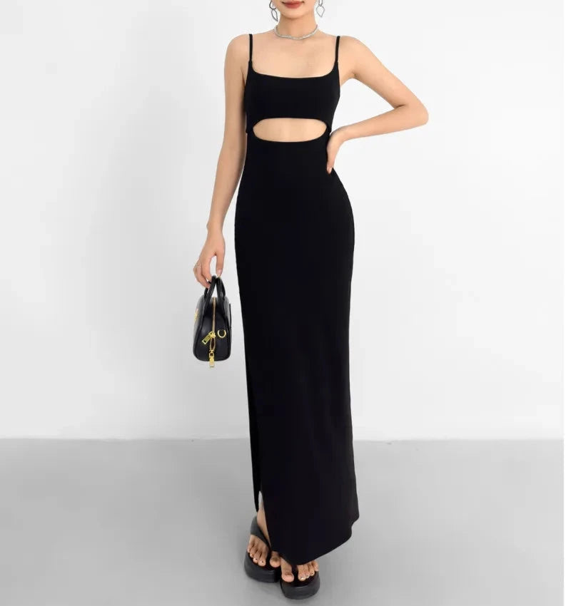 Vestido Longo Sexy com Recortes Decote Profundo Fenda na Saia - Lauana