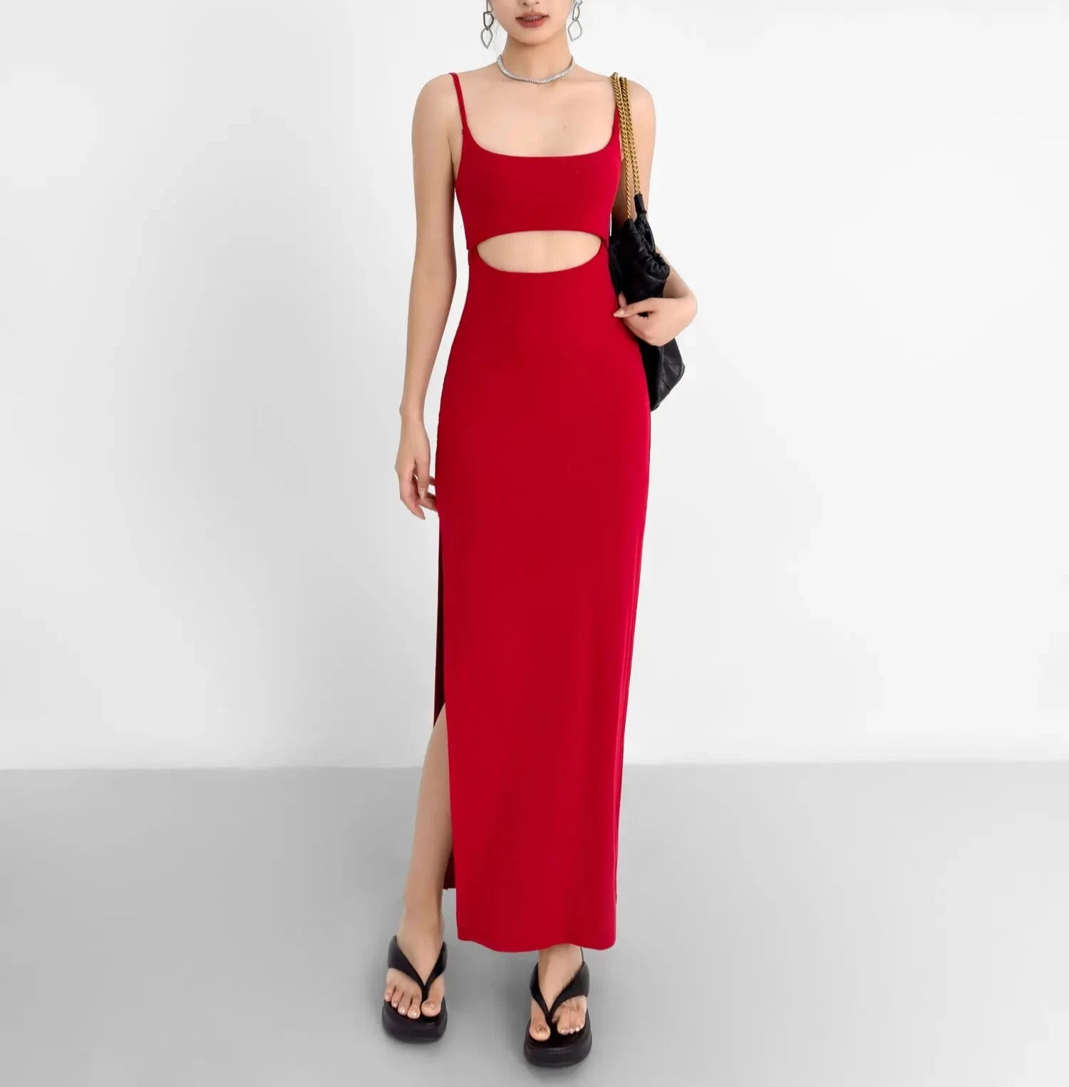 Vestido Longo Sexy com Recortes Decote Profundo Fenda na Saia - Lauana