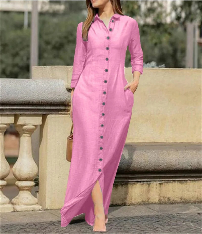 Vestido de linho e algodão manga comprida, cardigã monocromático, estilo neutro, elegante e elegante, festa temperada