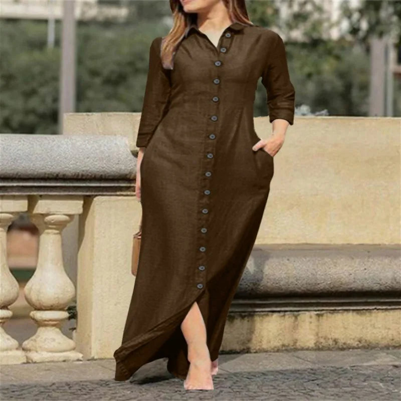 Vestido Longo de Linho e Algodão com Botões Chemise - Tamanho PP ao 3XG - Suellem