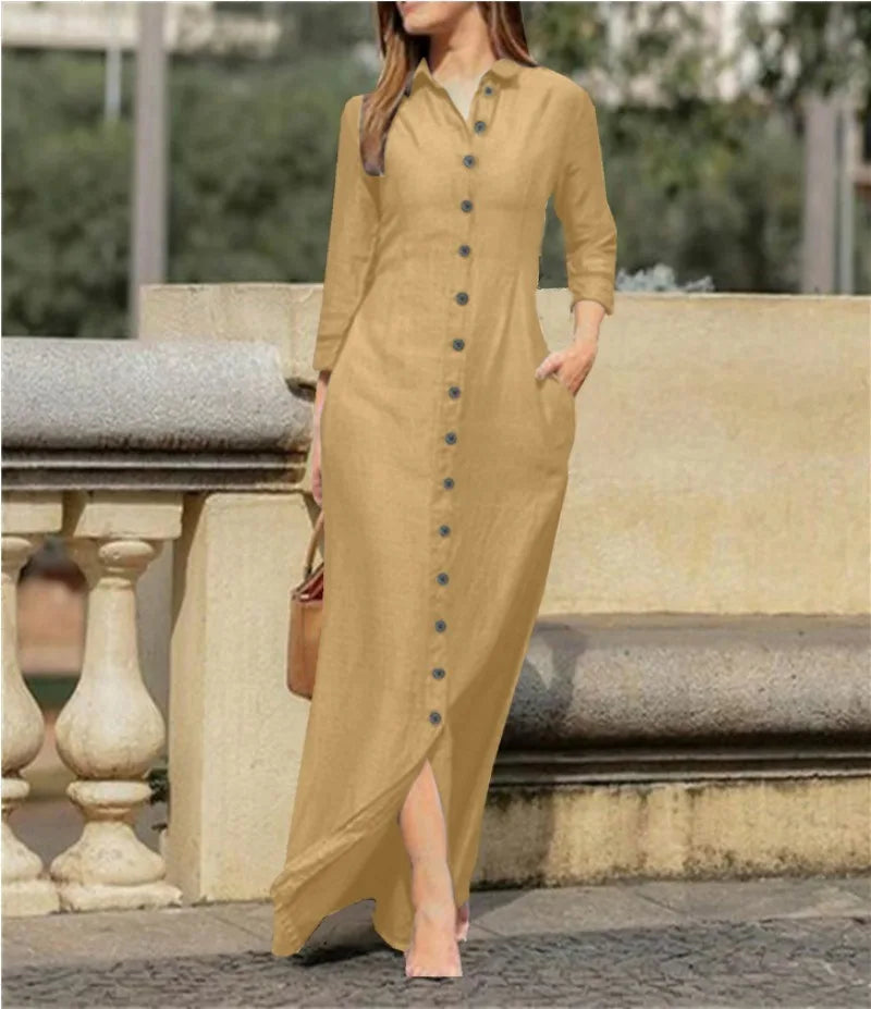 Vestido Longo de Linho e Algodão com Botões Chemise - Tamanho PP ao 3XG - Suellem