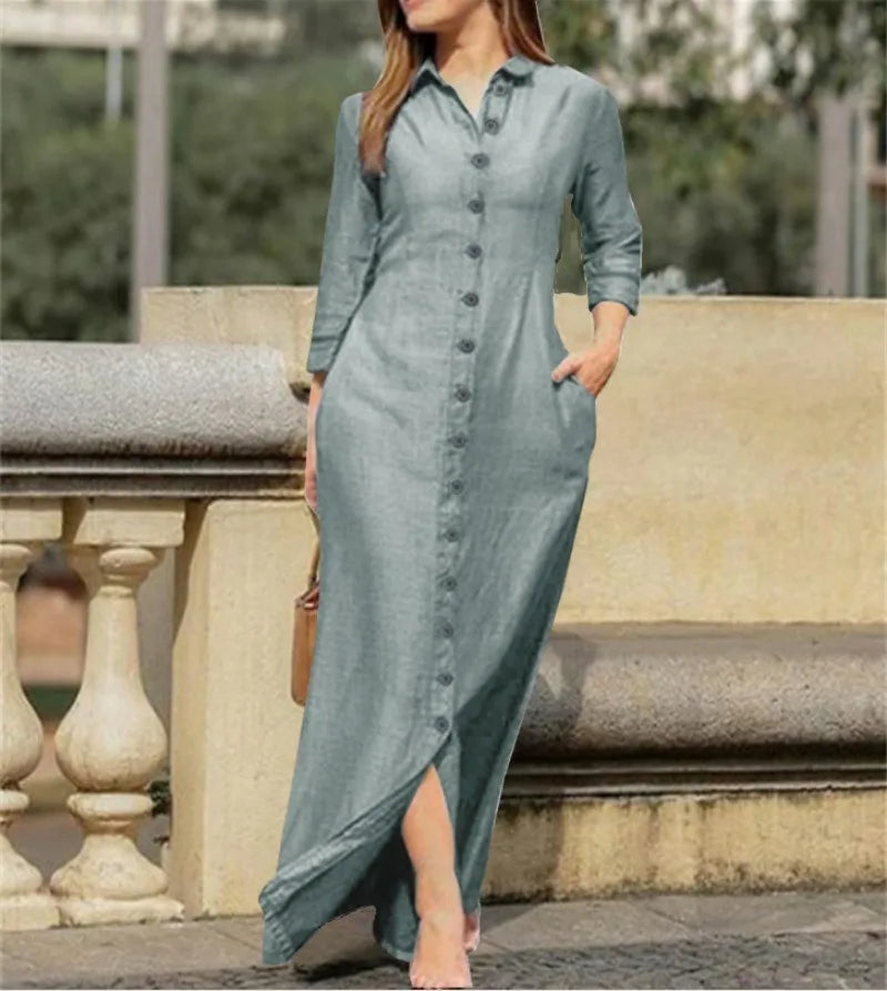 Vestido Longo de Linho e Algodão com Botões Chemise - Tamanho PP ao 3XG - Suellem