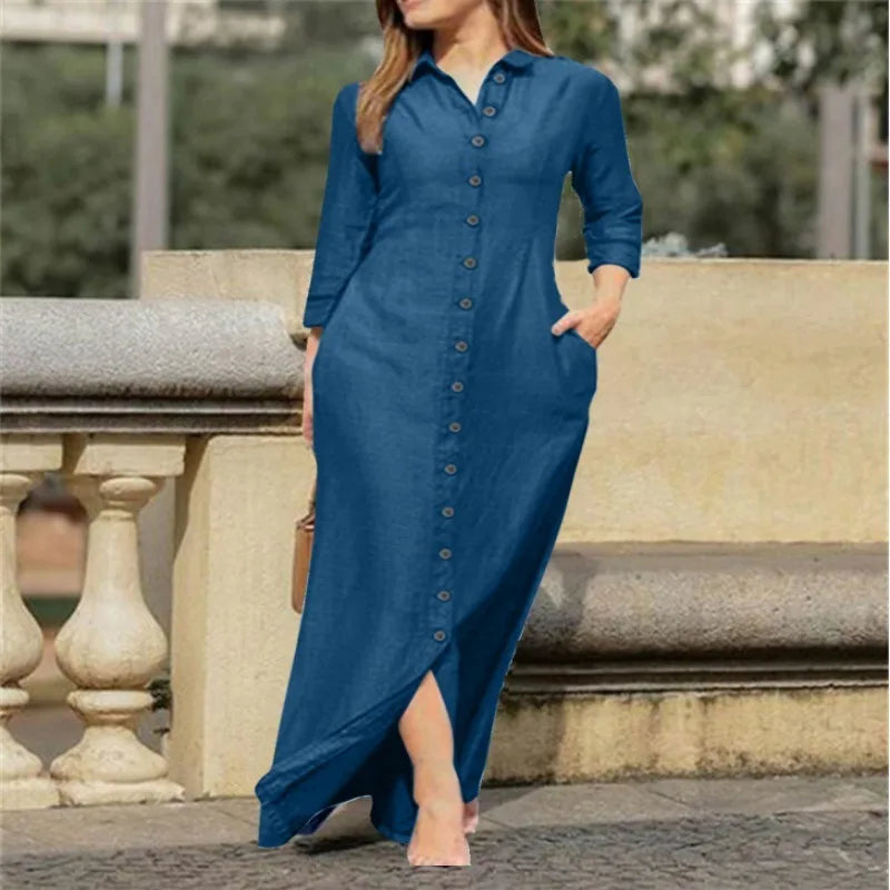 Vestido Longo de Linho e Algodão com Botões Chemise - Tamanho PP ao 3XG - Suellem