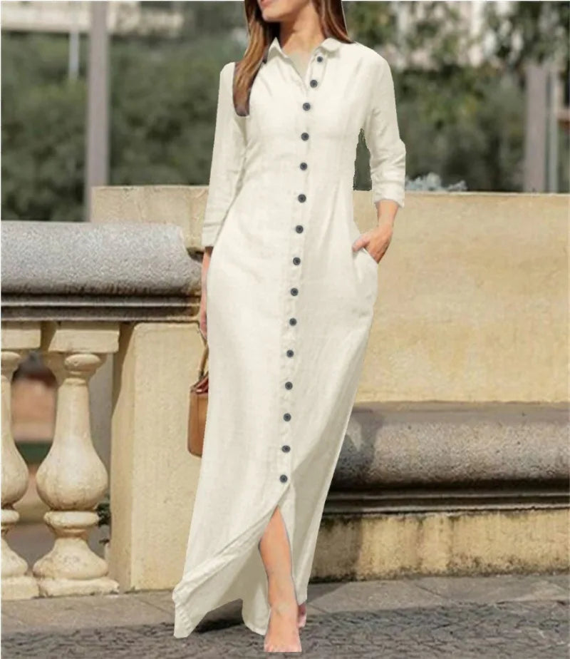 Vestido Longo de Linho e Algodão com Botões Chemise - Tamanho PP ao 3XG - Suellem