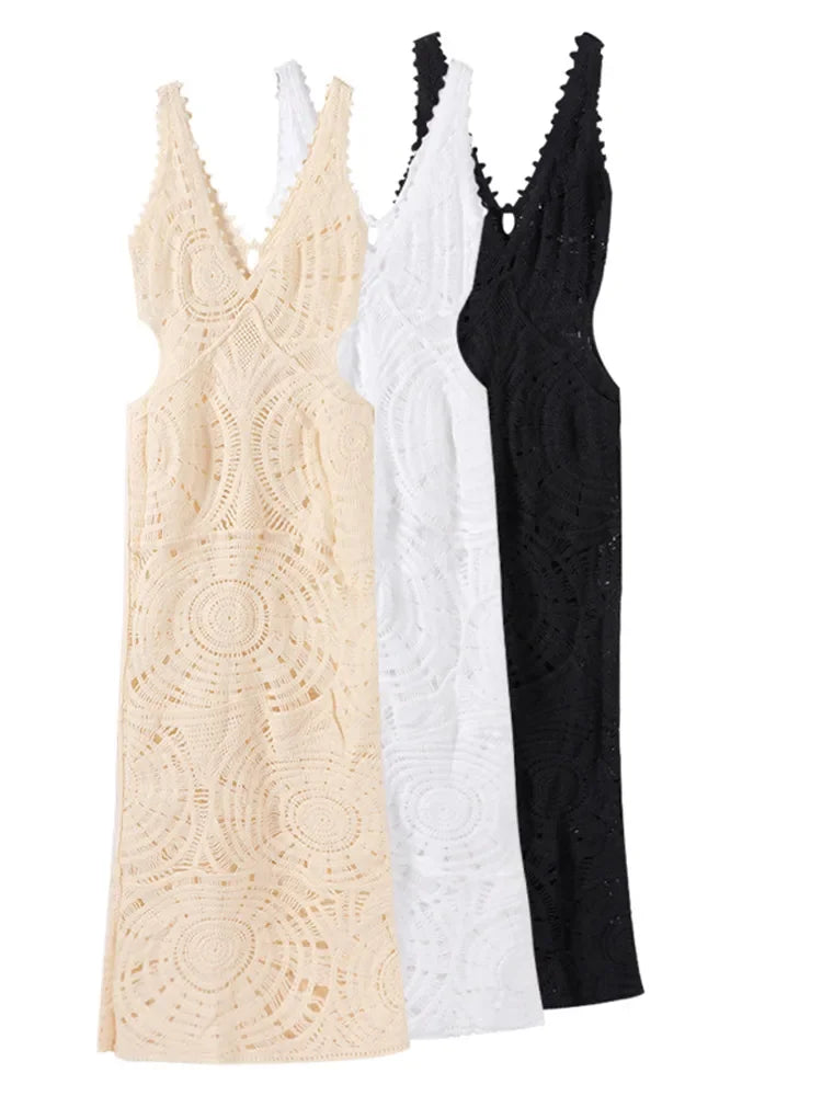 Vestido longo oco com estampa de malha feminina, elegante decote em v, vestidos sem mangas sem encosto, vestimenta de festa na praia, sexy, verão, 2024