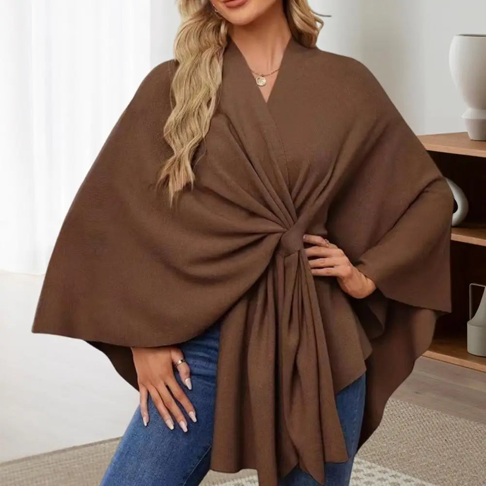 Primavera outono feminino xale casaco à prova de vento com decote em v manter quente poncho cor pura frente aberta ombro envolve com mangas morcego