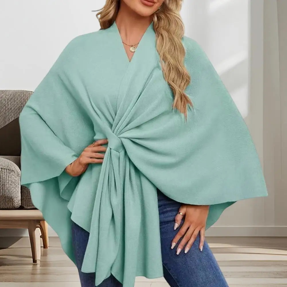 Primavera outono feminino xale casaco à prova de vento com decote em v manter quente poncho cor pura frente aberta ombro envolve com mangas morcego