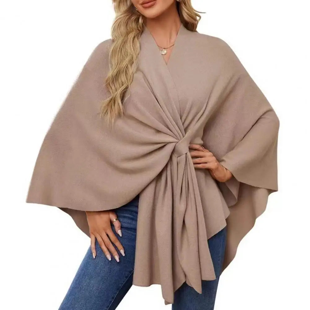 Primavera outono feminino xale casaco à prova de vento com decote em v manter quente poncho cor pura frente aberta ombro envolve com mangas morcego