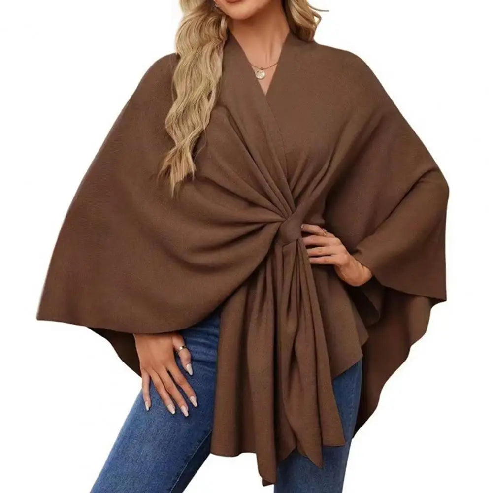 Primavera outono feminino xale casaco à prova de vento com decote em v manter quente poncho cor pura frente aberta ombro envolve com mangas morcego