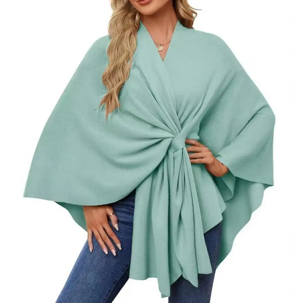 Primavera outono feminino xale casaco à prova de vento com decote em v manter quente poncho cor pura frente aberta ombro envolve com mangas morcego
