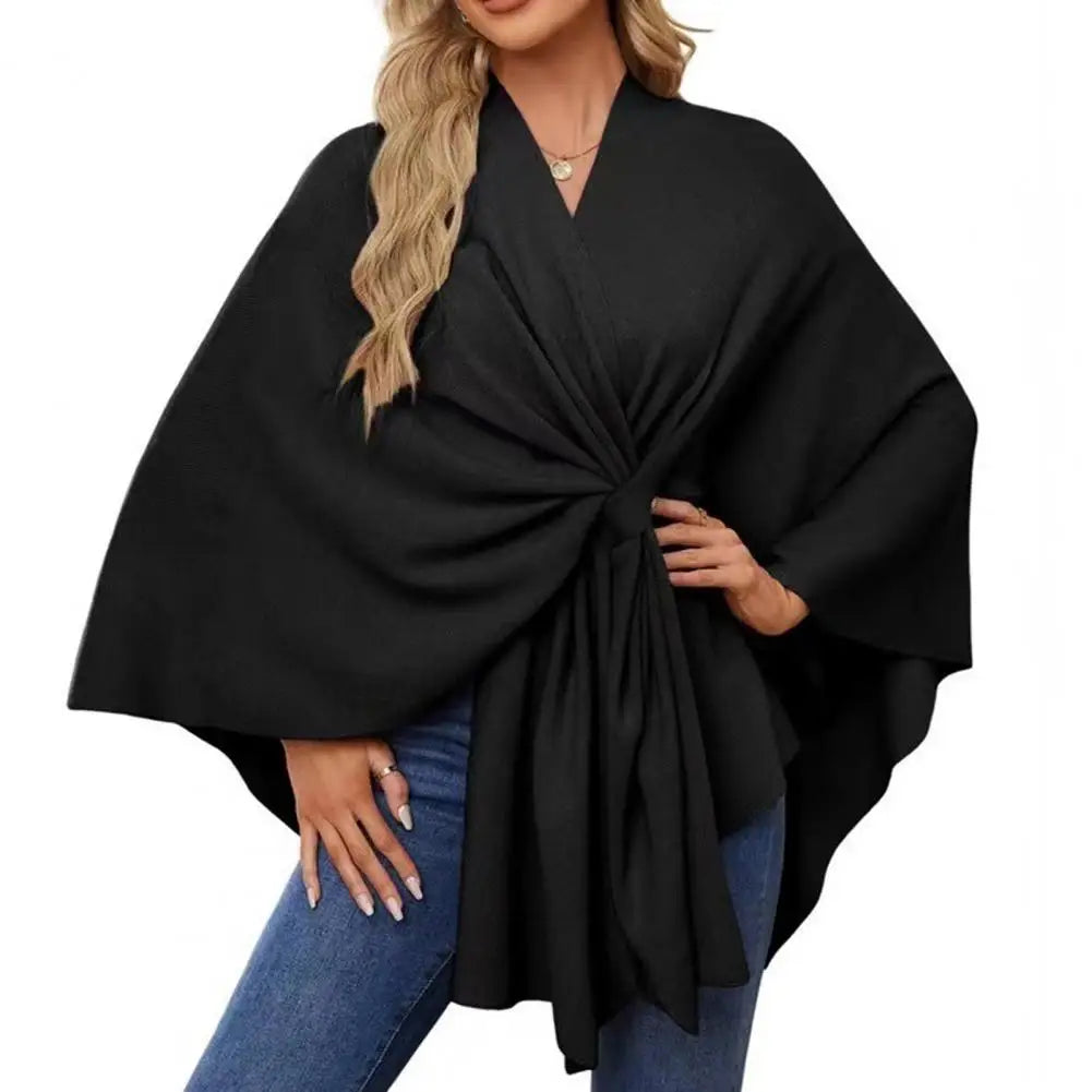Primavera outono feminino xale casaco à prova de vento com decote em v manter quente poncho cor pura frente aberta ombro envolve com mangas morcego