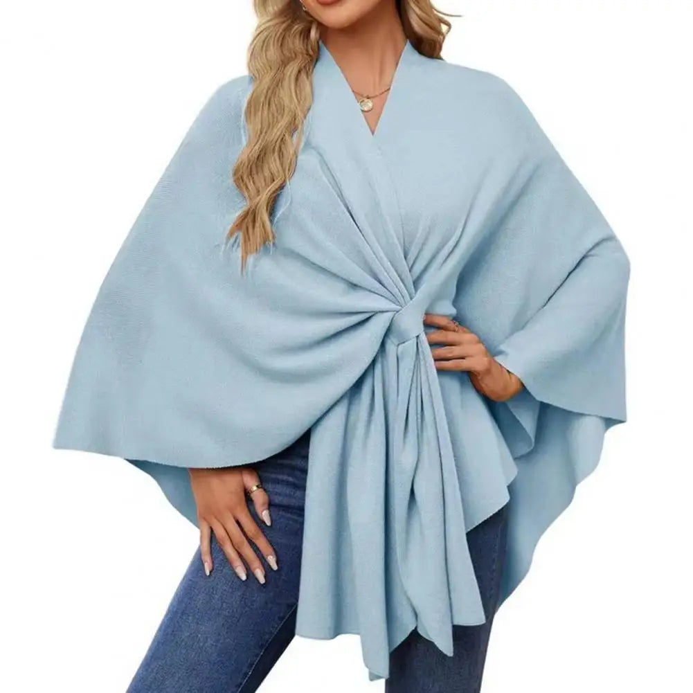 Primavera outono feminino xale casaco à prova de vento com decote em v manter quente poncho cor pura frente aberta ombro envolve com mangas morcego