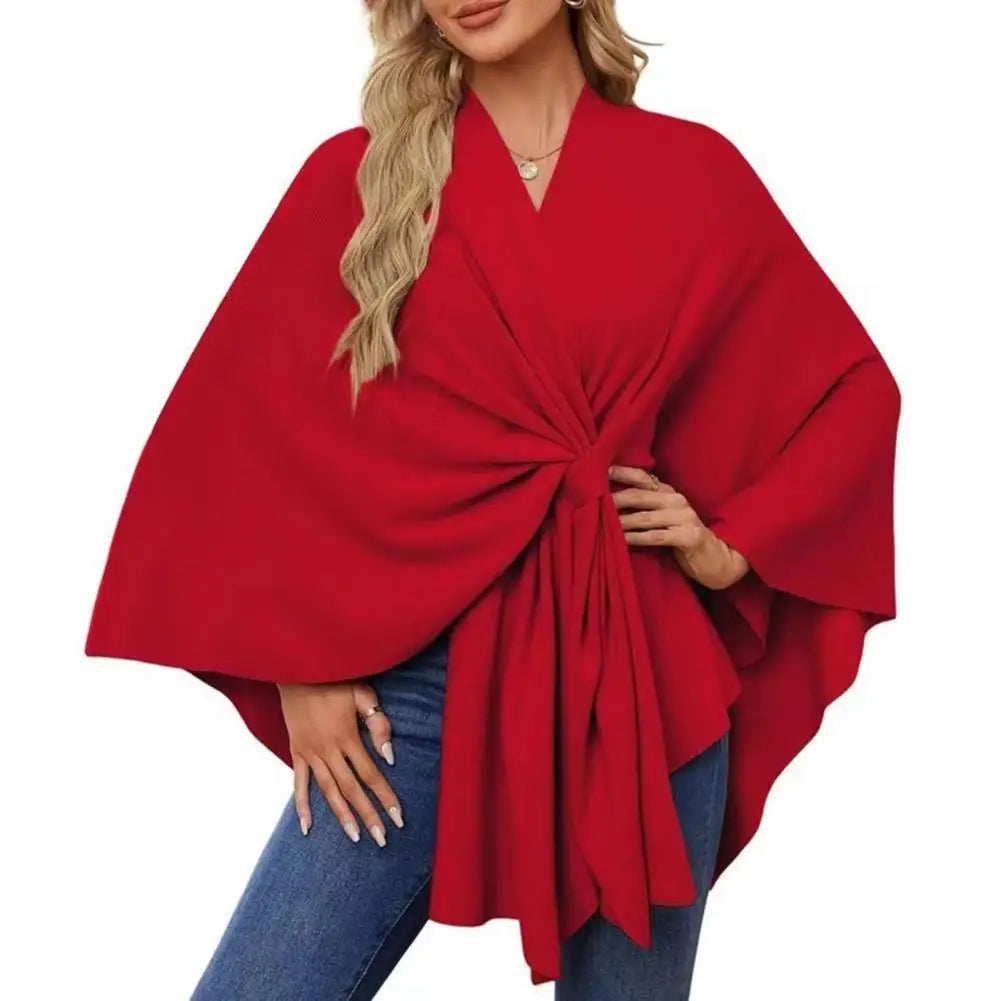 Primavera outono feminino xale casaco à prova de vento com decote em v manter quente poncho cor pura frente aberta ombro envolve com mangas morcego