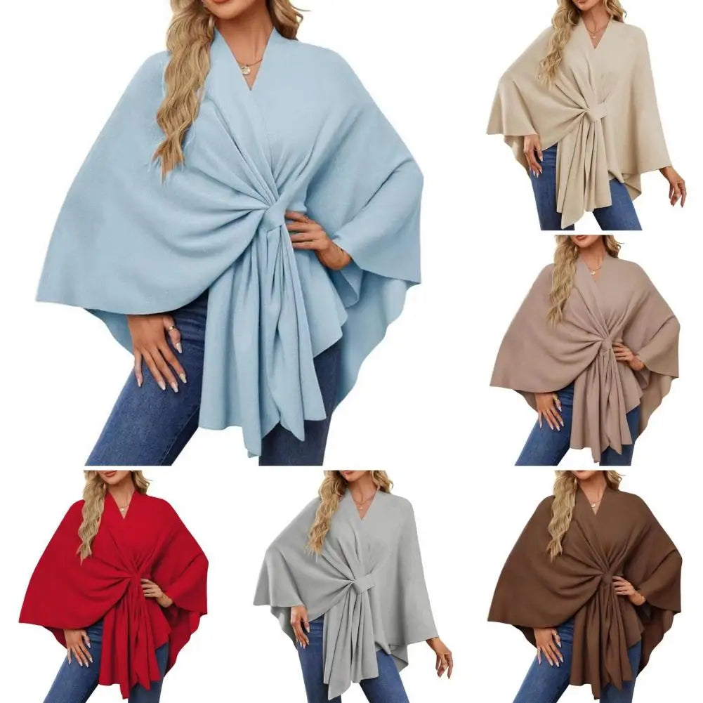 Primavera outono feminino xale casaco à prova de vento com decote em v manter quente poncho cor pura frente aberta ombro envolve com mangas morcego