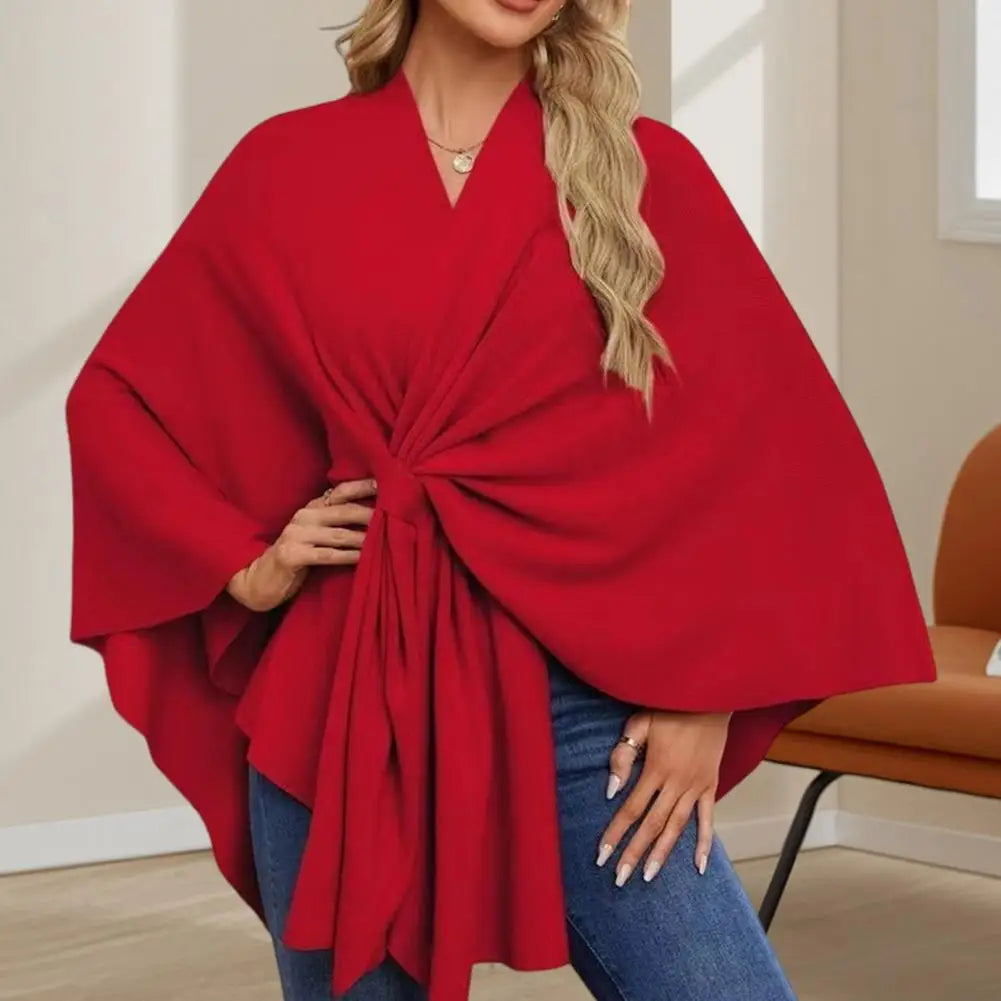Primavera outono feminino xale casaco à prova de vento com decote em v manter quente poncho cor pura frente aberta ombro envolve com mangas morcego