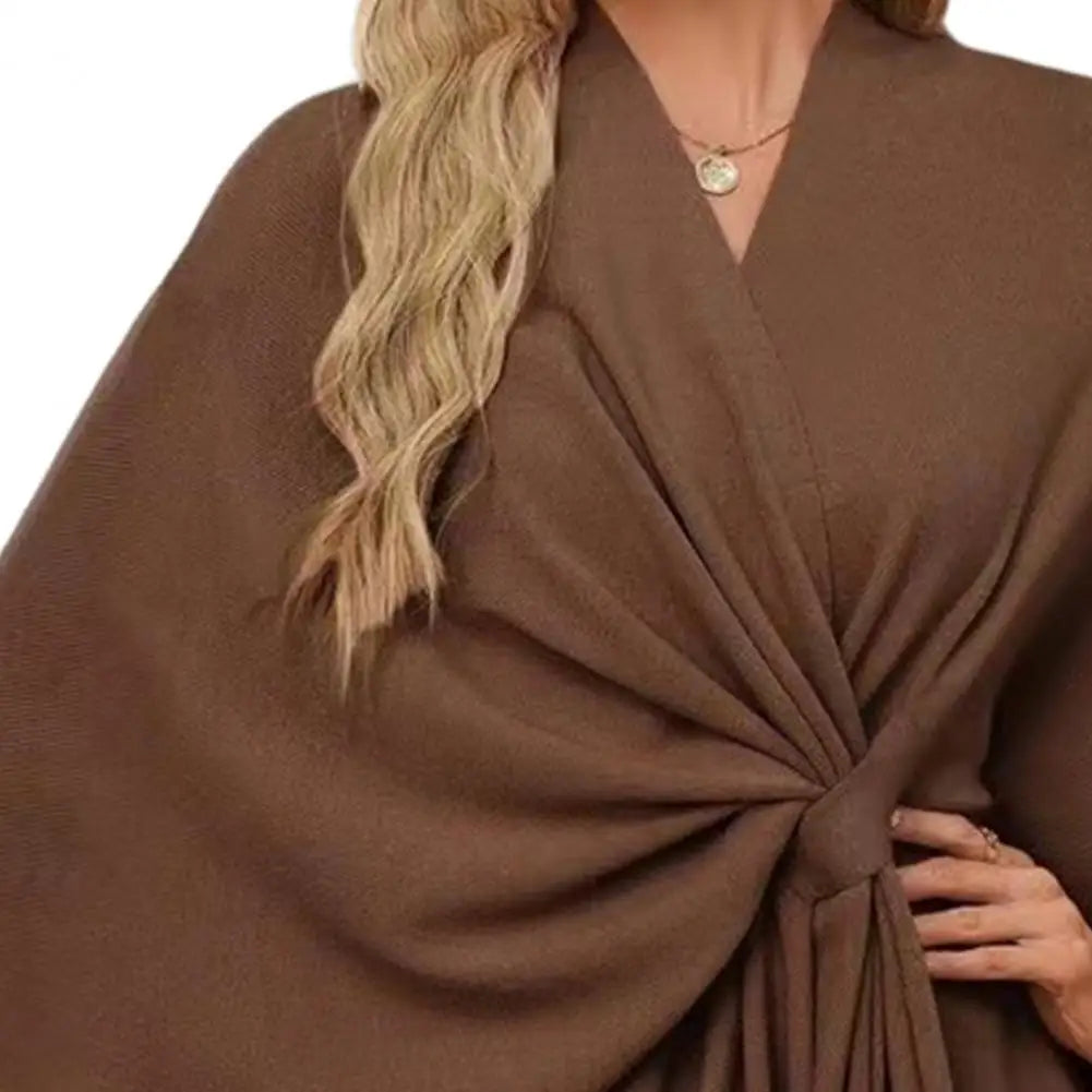 Primavera outono feminino xale casaco à prova de vento com decote em v manter quente poncho cor pura frente aberta ombro envolve com mangas morcego