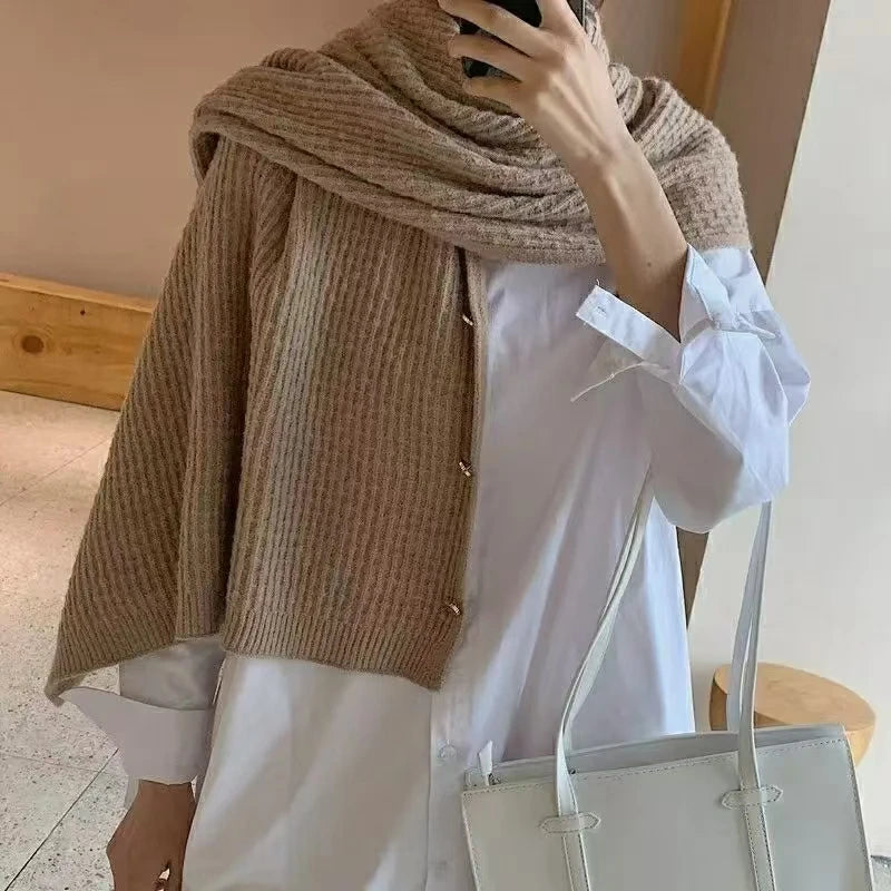 Xale Malha Tricot Feminino Assimétrico Gola AltaGrosso Lã Botôes Cachecol Moda Inverno Quente  - Heloisa