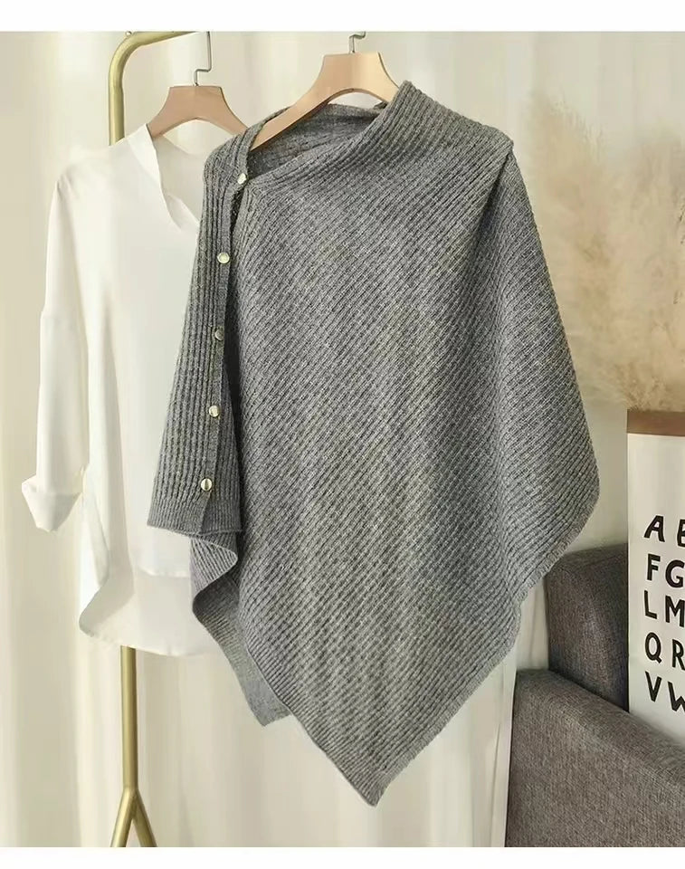 Xale Malha Tricot Feminino Assimétrico Gola AltaGrosso Lã Botôes Cachecol Moda Inverno Quente  - Heloisa