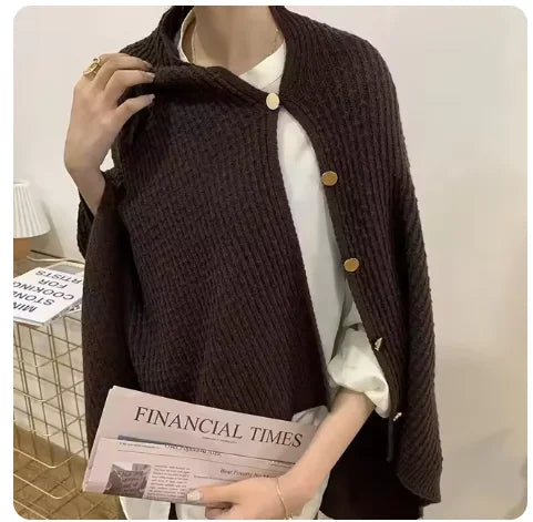 Xale Malha Tricot Feminino Assimétrico Gola AltaGrosso Lã Botôes Cachecol Moda Inverno Quente  - Heloisa