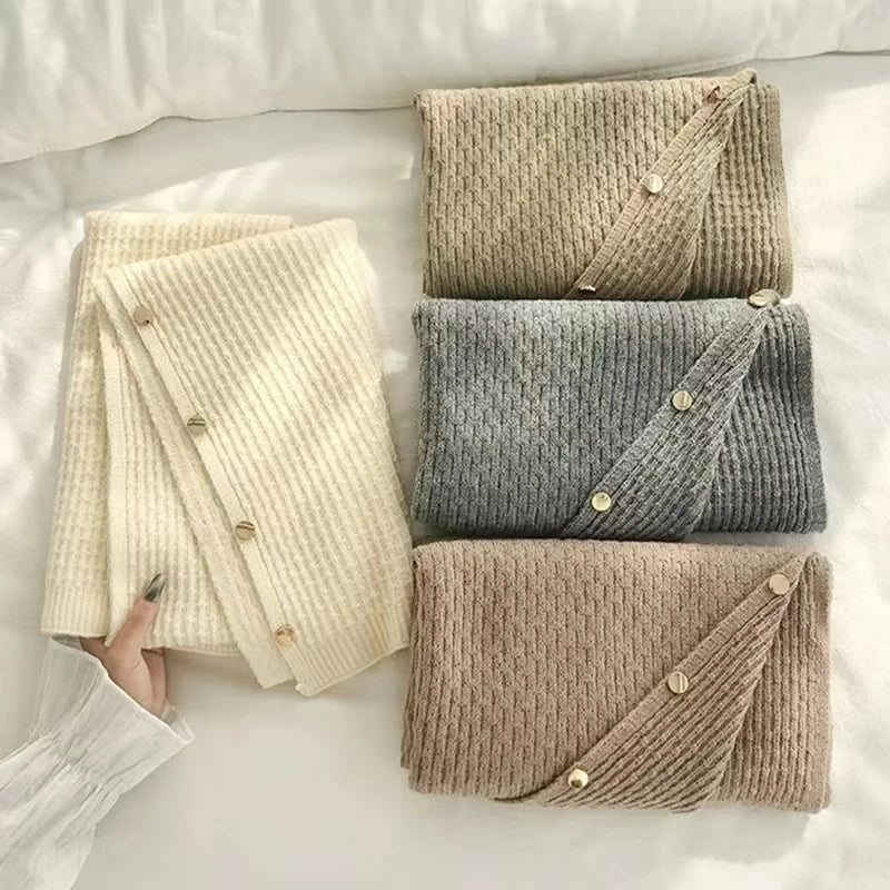 Xale Malha Tricot Feminino Assimétrico Gola AltaGrosso Lã Botôes Cachecol Moda Inverno Quente  - Heloisa