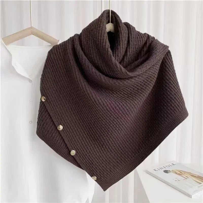 Xale Malha Tricot Feminino Assimétrico Gola AltaGrosso Lã Botôes Cachecol Moda Inverno Quente  - Heloisa