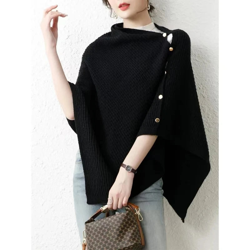 Xale Malha Tricot Feminino Assimétrico Gola AltaGrosso Lã Botôes Cachecol Moda Inverno Quente  - Heloisa