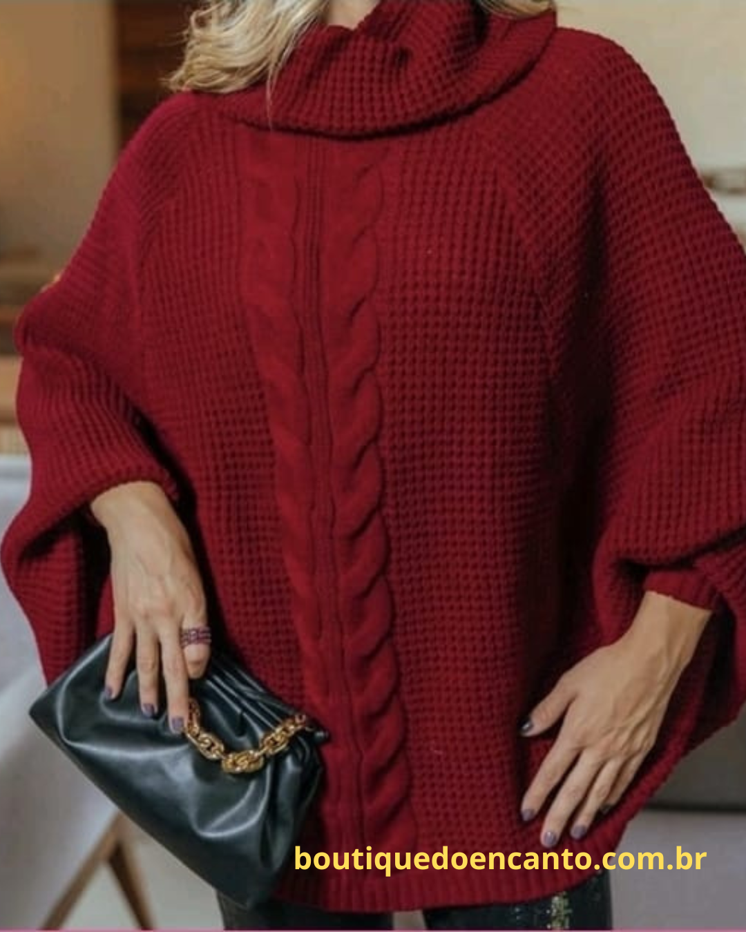 Suéter Poncho Feminino Tricot Coleção Inverno Manga Ranglan Gola Alta Malha Quente - Emmanuele