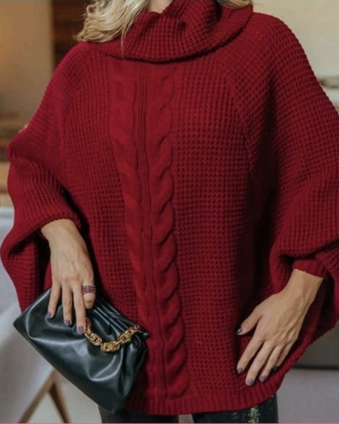 Suéter Poncho Feminino Tricot Coleção Inverno Manga Ranglan Gola Alta Malha Quente - Emmanuele