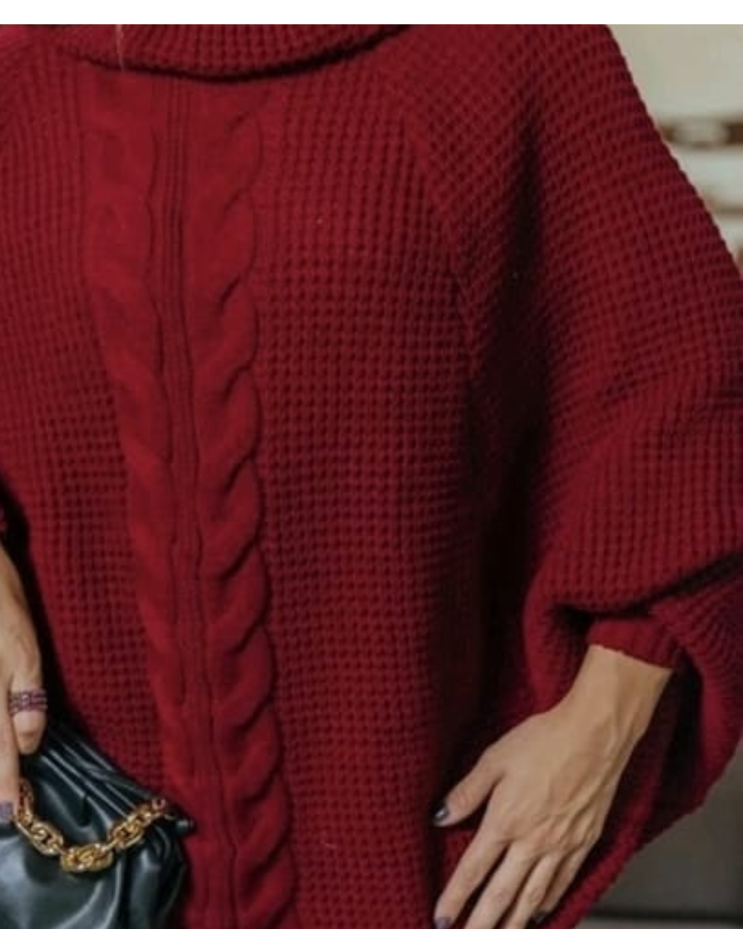Suéter Poncho Feminino Tricot Coleção Inverno Manga Ranglan Gola Alta Malha Quente - Emmanuele