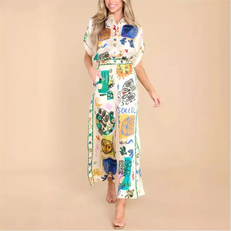 Conjunto  Feminino Camisa de Cetim com Estampa Digital e Calça de Cintura Alta com Bolsos - Millie Bobby