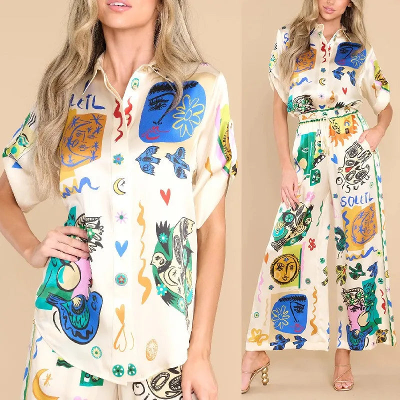 Conjunto  Feminino Camisa de Cetim com Estampa Digital e Calça de Cintura Alta com Bolsos - Millie Bobby